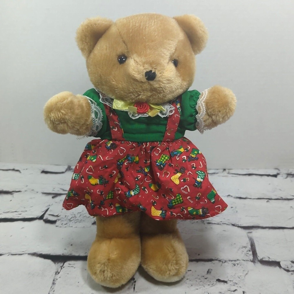 Christmas Teddy Bear Vintage 80's‎ In Pinafore Dress